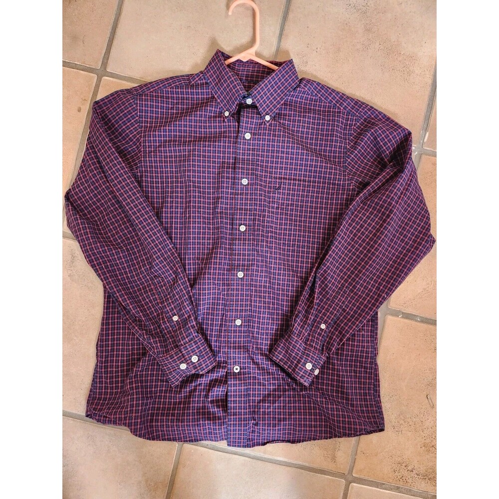 Nautica Shirt Men's Medium Red Blue Plaid Long Sleeve Button Down Classic